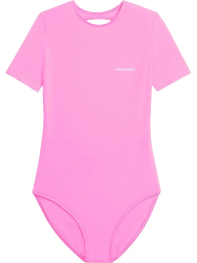 Shop Balenciaga Open-back Short-sleeve Swimsuit In Rosa