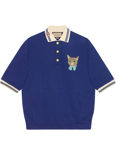 Shop Gucci Cat Jersey Polo Sweatshirt In Blau