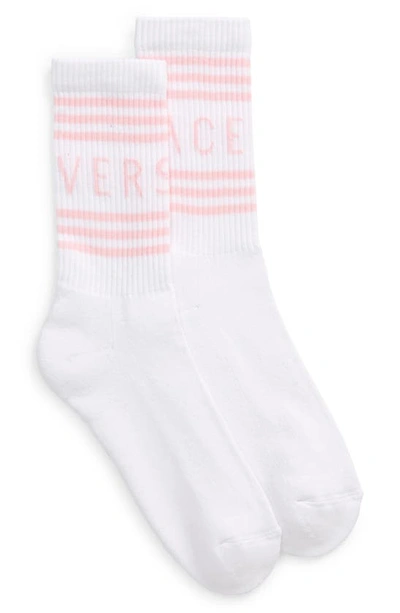 Shop Versace First Line First Line Stripe Crew Socks In White/ Pink