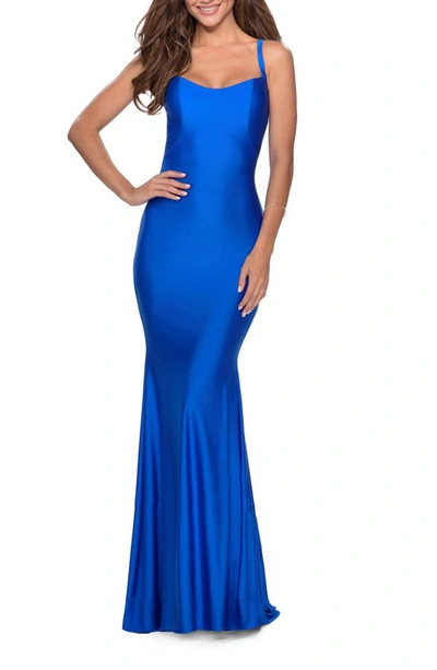 Shop La Femme Lace Up Back Jersey Mermaid Gown In Royal Blue