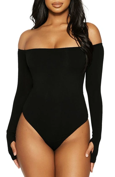 Naked Wardrobe The Nw Off The Shoulder Long Sleeve Bodysuit In Black