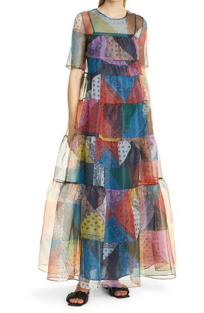 Shop Staud Hyacinth Patchwork Paisley A-line Organza Dress In Patchwork Bandana Rainbow