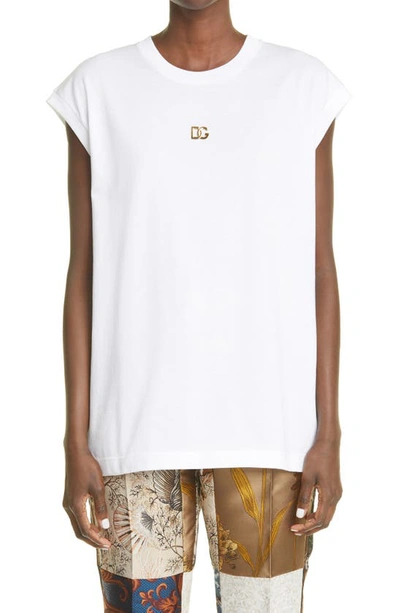 Shop Dolce & Gabbana Metal Logo Cotton Tank In Optical White