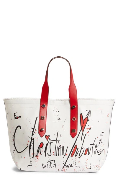 Shop Christian Louboutin Frangibus Canvas Tote In Ivory-black/ Loubi/ Silver