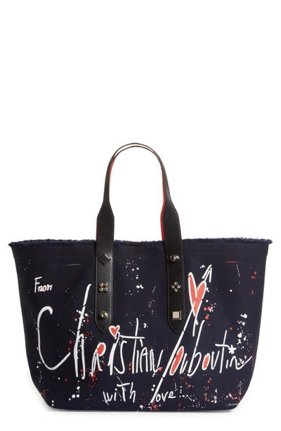 Shop Christian Louboutin Frangibus Canvas Tote In Obscur-snow/ Black/ Silver