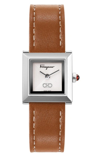 Shop Ferragamo Salvatore  Square Leather Strap Watch, 19mm In Silver/ Tan