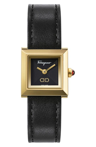 Shop Ferragamo Square Leather Strap Watch, 19mm In Gold/ Black