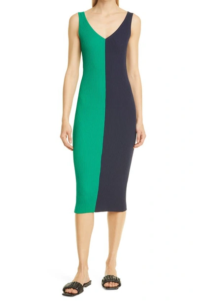 Shop Staud Dana Colorblock Ribbed Body-con Midi Dress In Clover/ Deep Sea