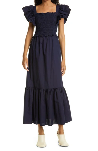 Shop Sea Gladys Smocked Flutter Sleeve Maxi Dress In Navy