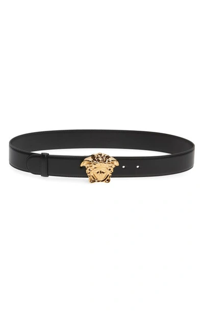 Shop Versace Medusa Head Leather Belt In Black/ Gold