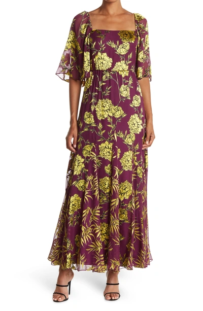 Shop Alice And Olivia Clarine Floral Flutter Sleeve Maxi Dress In Prpeonybcm