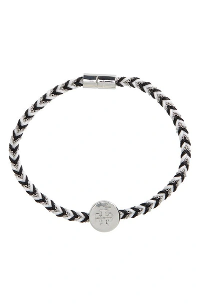 Shop Tory Burch Kira Braided Charm Bracelet In Tory Silver/blk/new Ivory