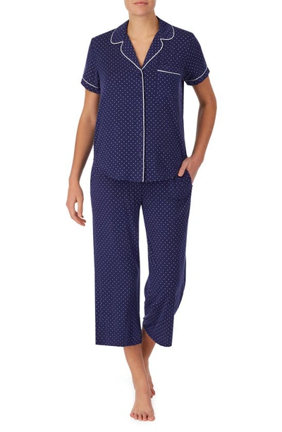 Shop Kate Spade Print Jersey Crop Pajamas In Navy Port