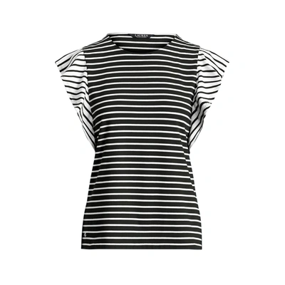 Shop Lauren Petite Striped Jersey Flutter-sleeve Top In Polo Black/white