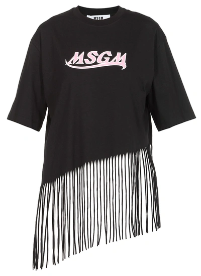 Shop Msgm Cotton T-shirt With Fringes In Black