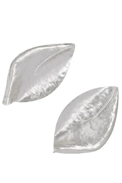 Shop Josie Natori Natori Hammered Metal Leaf Clip Earrings In Silver