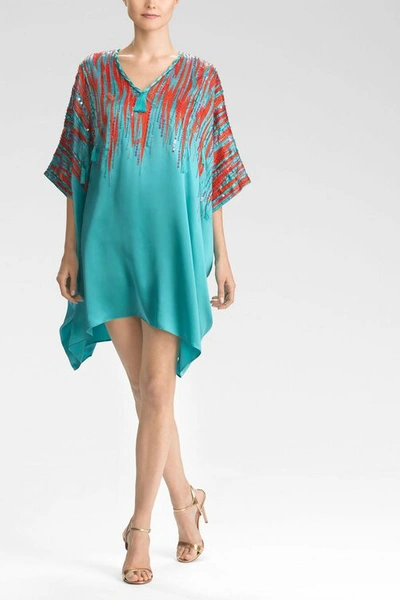 Shop Josie Natori Natori Couture Ikat Caftan In Turquoise