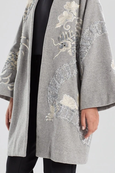 Shop Josie Natori Natori Felted Wool Embroidered Dragon Caban Jacket In Grey