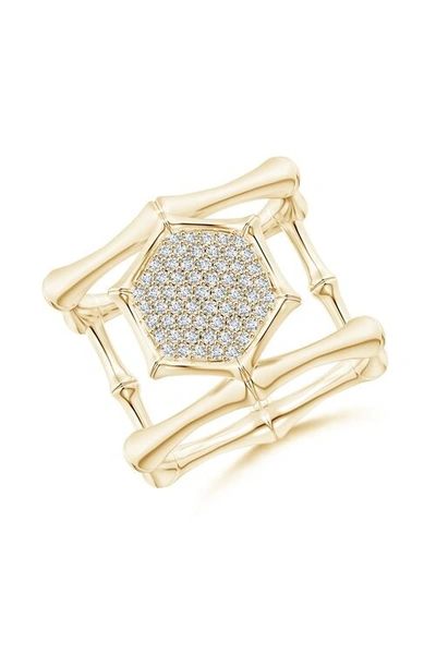 Shop Natori Indochine 14k Pave Diamond Hexagon Center Double Bamboo Band Cocktail Ring In 14k Yellow Gold