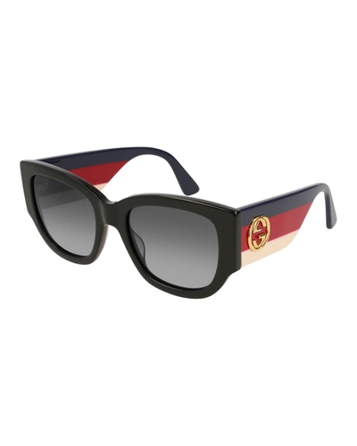 Shop Gucci Oversized Rectangle Sunglasses W/ Striped Arms In Black