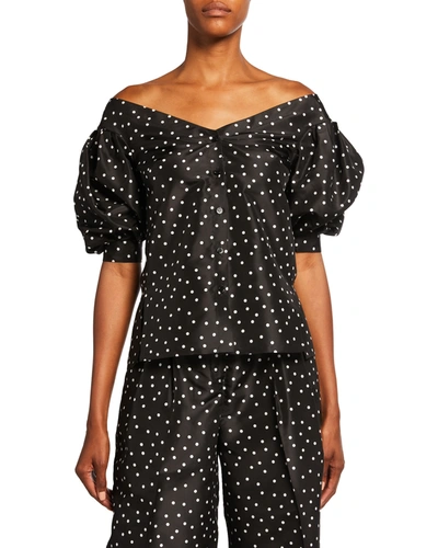Shop Carolina Herrera Polka Dot Off-the-shoulder Top In Blackivory
