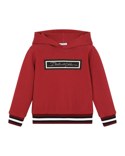 Shop Dolce & Gabbana Boy's Logo Script Cotton Pullover Hoodie In Red