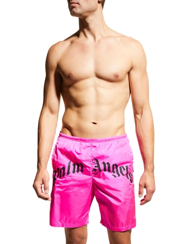 Shop Palm Angels Men's Neon Curved-logo Swim Shorts In Fuschia Bl