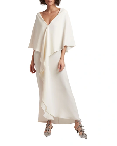 Shop Valentino Draped-front Cape Gown In Ivory