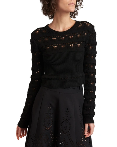 Shop Valentino Cotton Sangallo Open-knit Cropped Sweater In Black
