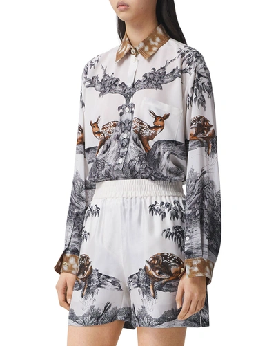 Shop Burberry Carlota Deer Printed Button-down Silk Blouse In Light Walnut Ip P