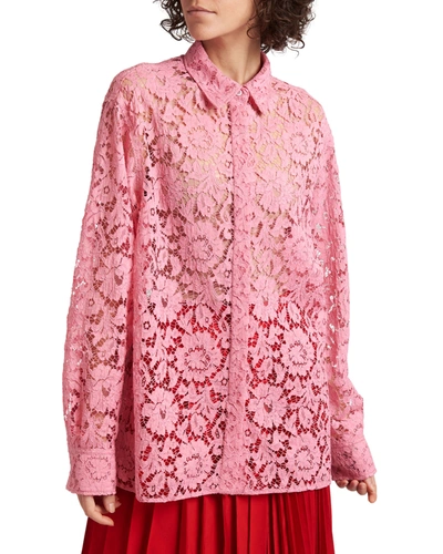Shop Valentino Sheer Floral-lace Collared Blouse In Pink