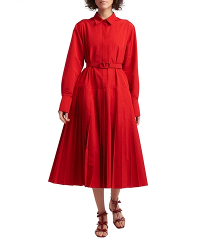 Shop Valentino Belted Pleated Midi Shirtdress In Red