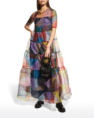 Shop Staud Hyacinth Tiered Patchwork Trapeze Dress In Patchwork Bandana