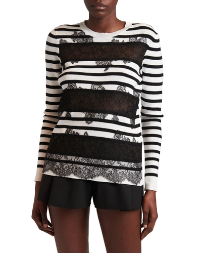 Shop Valentino Striped Sheer Lace-panel Sweater In White/black