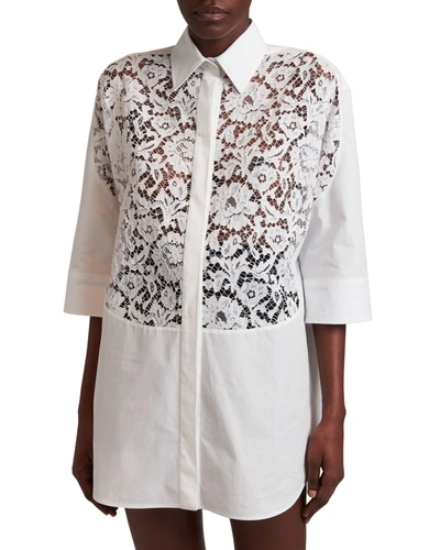 Shop Valentino Mixed-media Sheer Lace Poplin Blouse In White