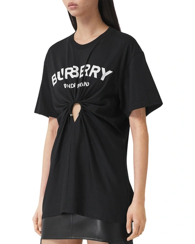 Shop Burberry Virginia Logo T-shirt W/ Gathered Cutout In Black