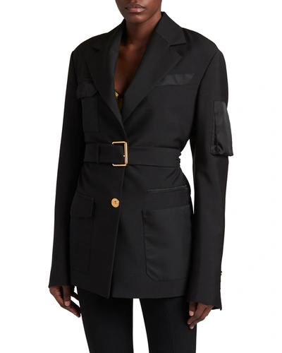 Versace Mixed-media Belted Trench Blazer In Black