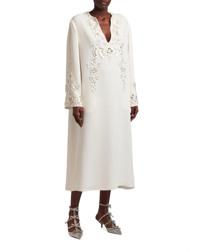 Shop Valentino Silk Floral-applique Caftan Midi Dress In Ivory