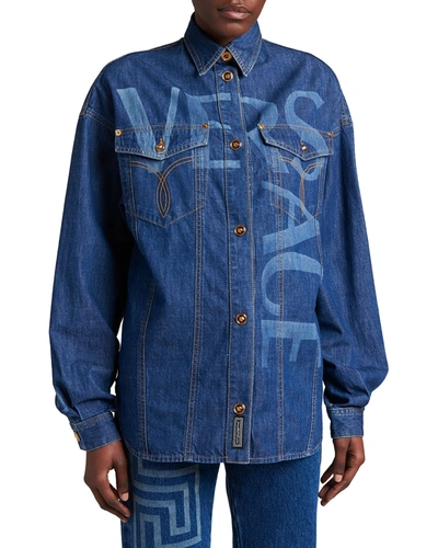 Shop Versace Logo Denim Shirt Jacket In Dark Blue