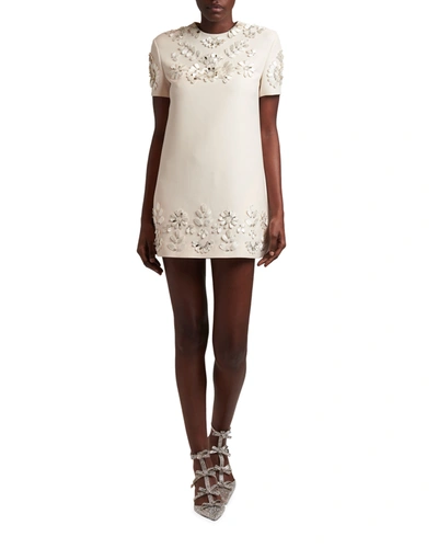 Shop Valentino Floral-embellished Mini Shift Dress In Ivory