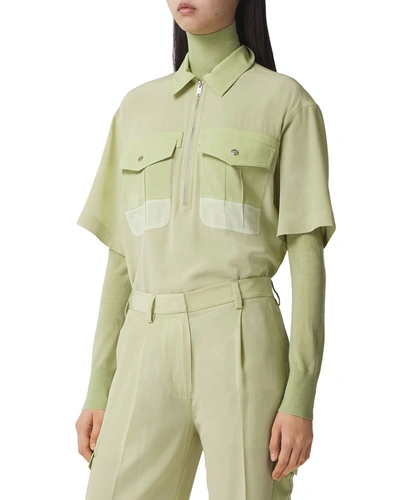 Shop Burberry Ilona Zip-front Silk Bowling Shirt In Mist Green