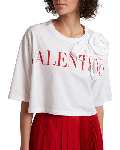 Shop Valentino Logo-print Blossom-detail Cropped T-shirt In White/red