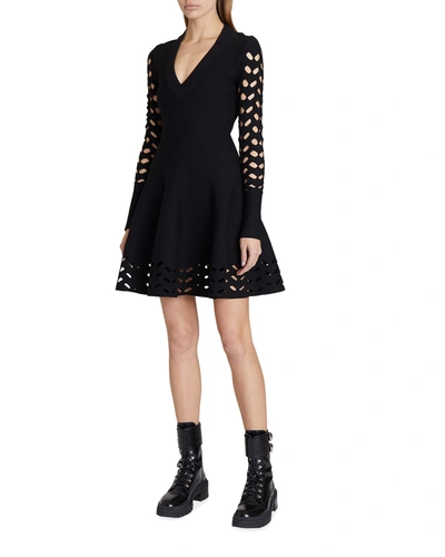 Shop Alaïa Laser-cut Long-sleeve Mini Dress In 999 Noir