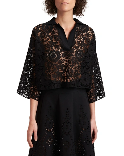 Shop Valentino Sheer Lace Cropped Top In Black