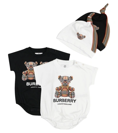 Shop Burberry Baby Set Of 2 Cotton Bodysuits And Hats In Multicoloured