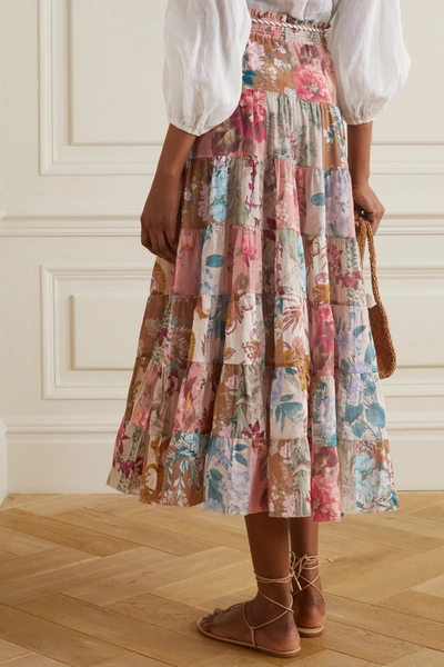 Shop Zimmermann Cassia Patchwork Floral-print Cotton-voile Skirt In Neutrals