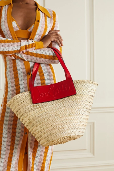 Shop Christian Louboutin Loubishore Woven Straw And Embossed Leather Tote In Red
