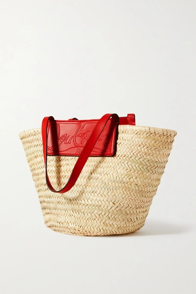 Shop Christian Louboutin Loubishore Woven Straw And Embossed Leather Tote In Red
