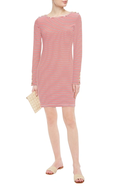 Shop Melissa Odabash Agata Button-detailed Striped Stretch-piqué Mini Dress In Red