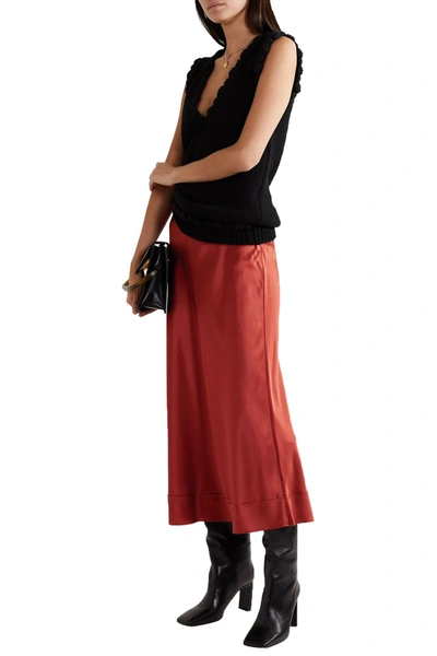 Shop Lee Mathews Stella Picot-trimmed Silk-satin Midi Skirt In Brick